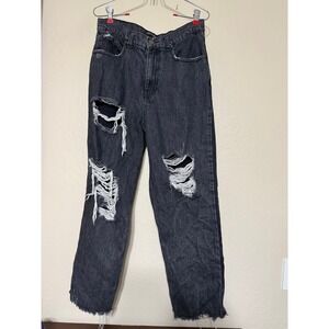 Retro fete Womens Black Distressed Ripped High Rise Straight Leg Jeans Size 28